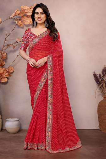 Maroon georgette embroidered leheria saree