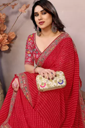 Maroon georgette embroidered leheria saree