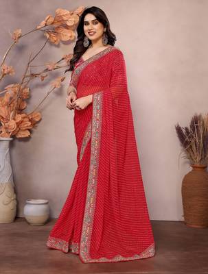 Maroon georgette embroidered leheria saree 4