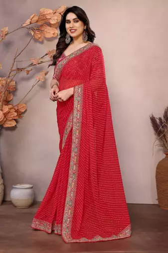 Maroon georgette embroidered leheria saree