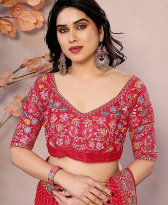 Maroon georgette embroidered leheria saree 5