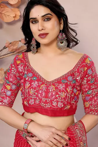 Maroon georgette embroidered leheria saree