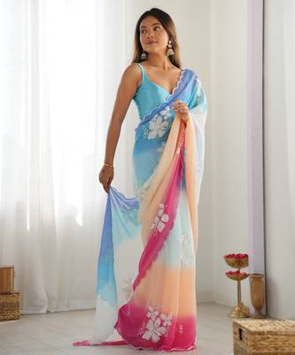 Sky blue padding georgette sequins embroidered saree 1