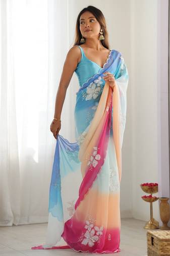 Sky blue padding georgette sequins embroidered saree