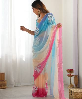 Sky blue padding georgette sequins embroidered saree 3