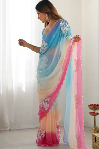 Sky blue padding georgette sequins embroidered saree