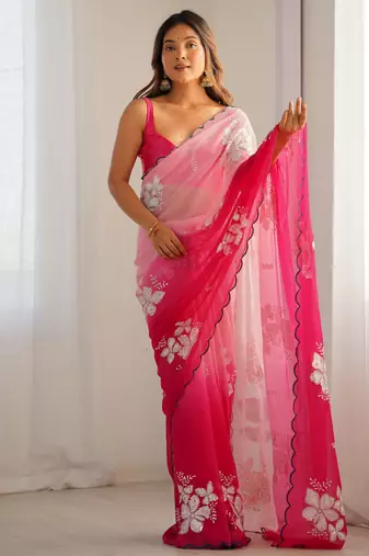 Pink padding georgette sequins embroidered saree