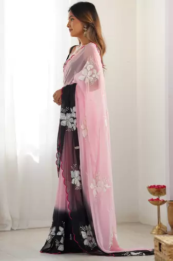 Pink padding georgette sequins embroidered saree