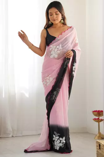 Pink padding georgette sequins embroidered saree