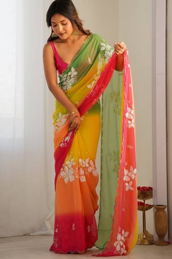 Yellow padding georgette sequins embroidered saree