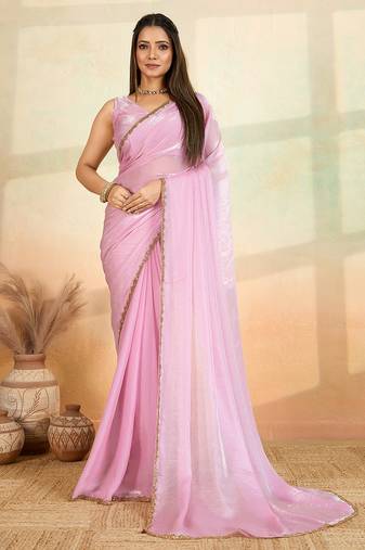 Pink beads embroidered fendy satin saree