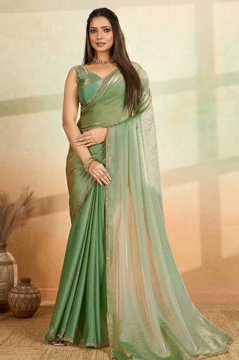 Pista beads embroidered fendy satin saree