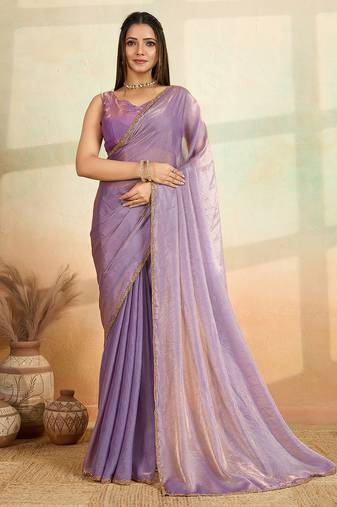 Purple beads embroidered fendy satin saree