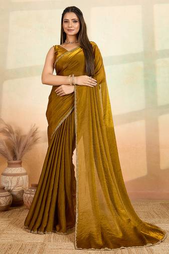 Mahendi beads embroidered fendy satin saree