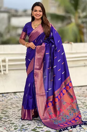 Blue soft silk blend meenakari woven saree