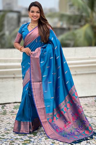 Sky blue soft silk blend meenakari woven saree