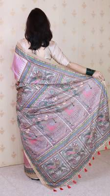 Purple woven zari border digital printed tussar silk blend saree 2