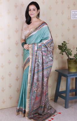 Green woven zari border digital printed tussar silk blend saree 1