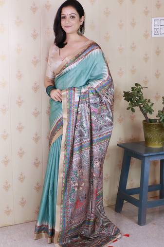 Green woven zari border digital printed tussar silk saree