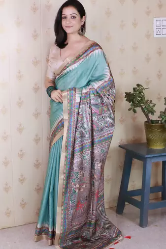 Green woven zari border digital printed tussar silk saree