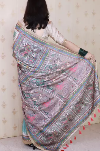 Green woven zari border digital printed tussar silk blend saree
