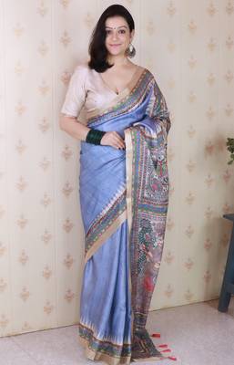 Grey woven zari border digital printed tussar silk blend saree 1