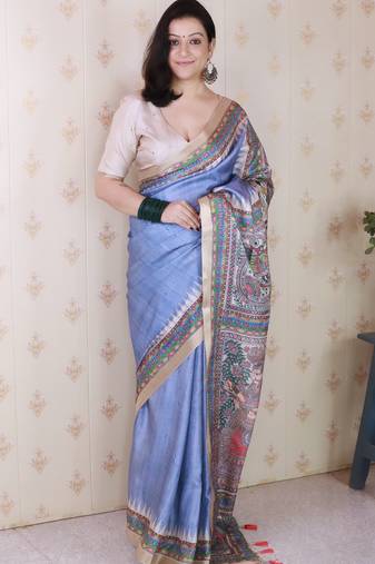 Grey woven zari border digital printed tussar silk saree