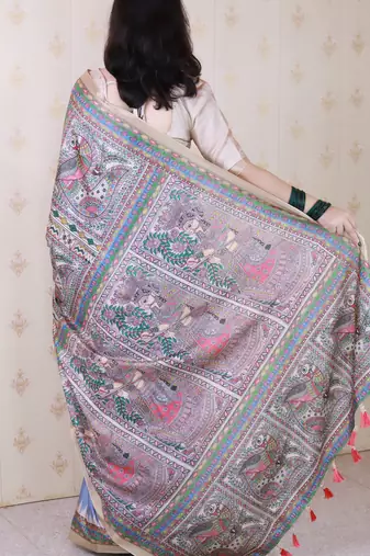 Grey woven zari border digital printed tussar silk blend saree