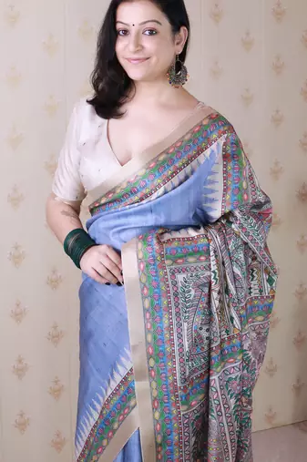 Grey woven zari border digital printed tussar silk blend saree