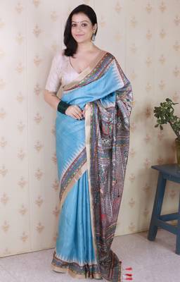 Blue woven zari border digital printed tussar silk blend saree 1