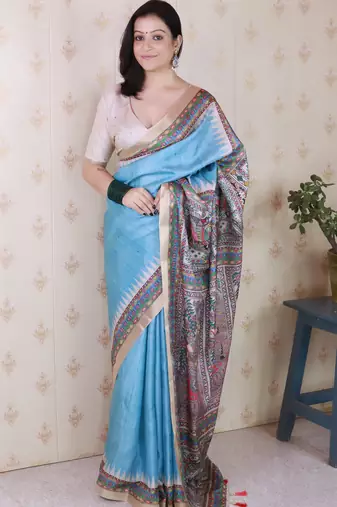 Blue woven zari border digital printed tussar silk saree