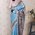 Blue woven zari border digital printed tussar silk saree