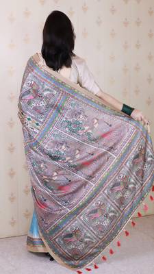 Blue woven zari border digital printed tussar silk blend saree 2
