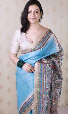 Blue woven zari border digital printed tussar silk blend saree 3