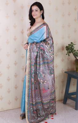 Blue woven zari border digital printed tussar silk blend saree 4