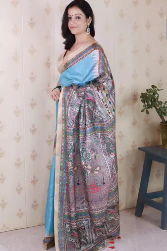 Blue woven zari border digital printed tussar silk blend saree