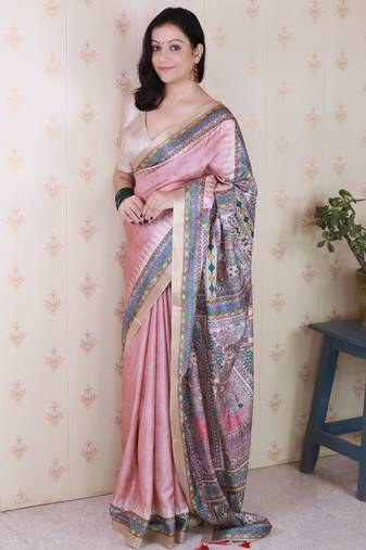 Pink woven zari border digital printed tussar silk saree