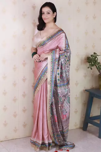 Pink woven zari border digital printed tussar silk saree