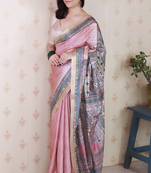 Pink woven zari border digital printed tussar silk saree