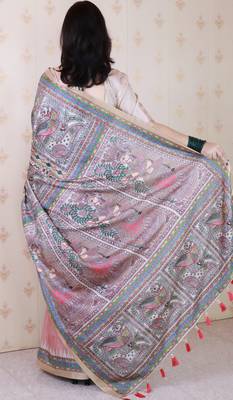 Pink woven zari border digital printed tussar silk blend saree 2