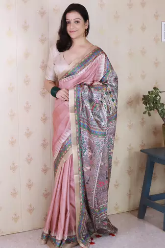 Pink woven zari border digital printed tussar silk blend saree