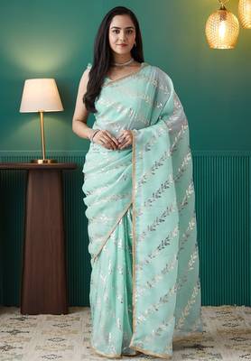 pre draped sea green organza foil printed saree 1