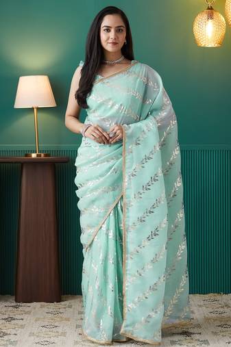 Sea green organza foil printed ready to wear saree