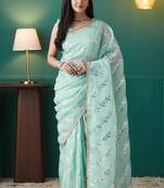 pre draped sea green organza foil printed saree