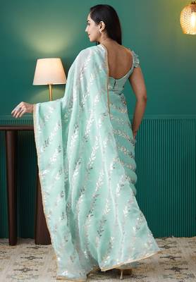 pre draped sea green organza foil printed saree 2