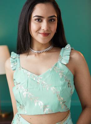 pre draped sea green organza foil printed saree 5