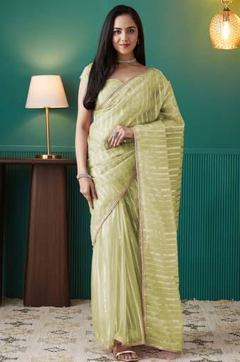 Pista organza foil printed ready to wear saree