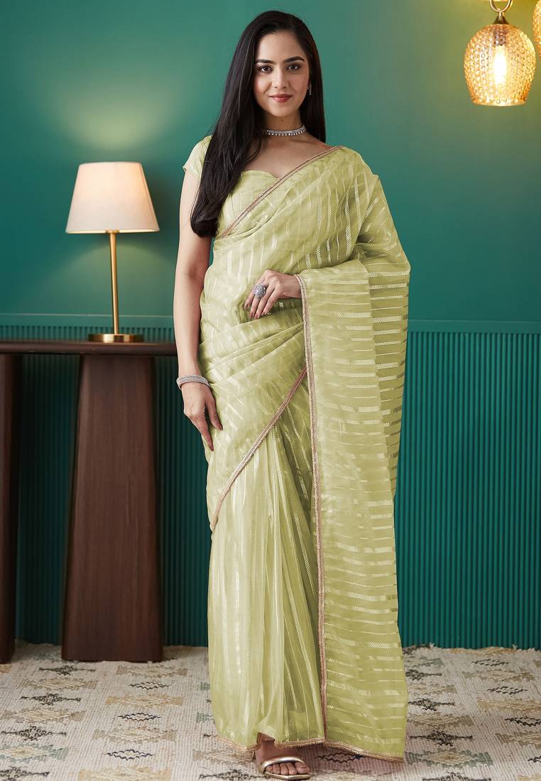 Pista organza foil printed ready to wear saree