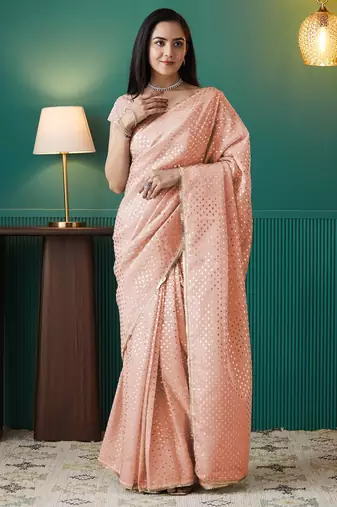 Peach organza foil printed ready to wear saree