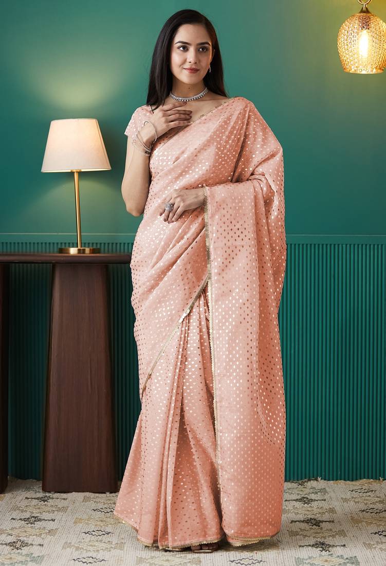 Peach organza foil printed ready to wear saree